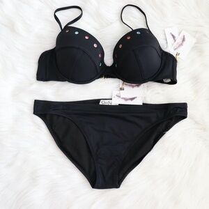 NWT Jessica Simpson Black Bikini Bathing Suit Swim Set Size Medium